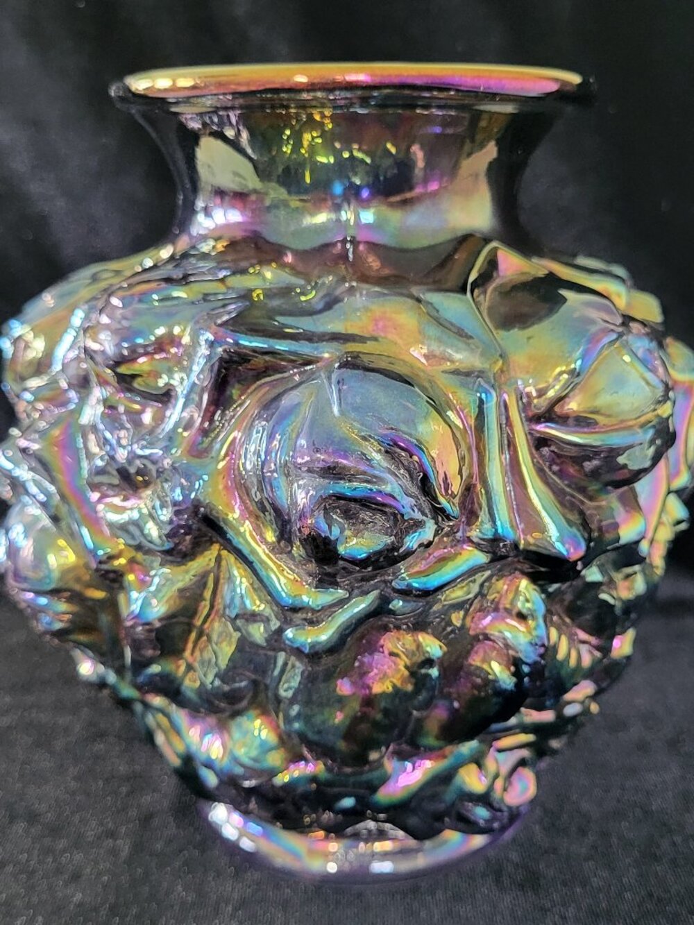 Vintage Imperial Carnival Glass La Bella Rose Vase 6" Smoke Peacock IG Mark Mint